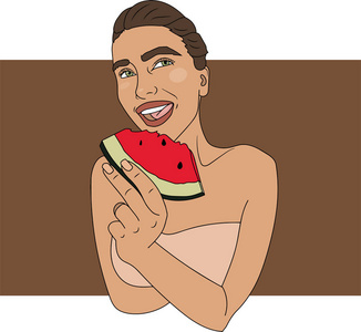 矢量图。 吃西瓜的女人