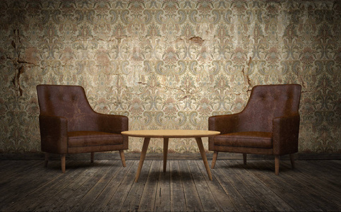 带皮椅和咖啡桌的老式老房间。 3D渲染