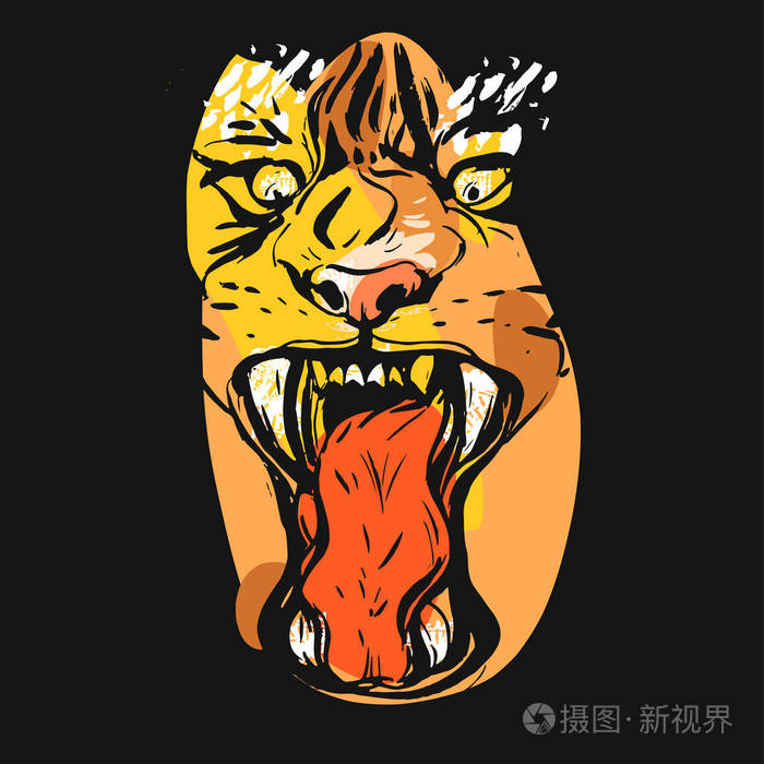 手绘矢量抽象图形绘制愤怒虎脸在橙色的颜色隔离在黑色的背景.