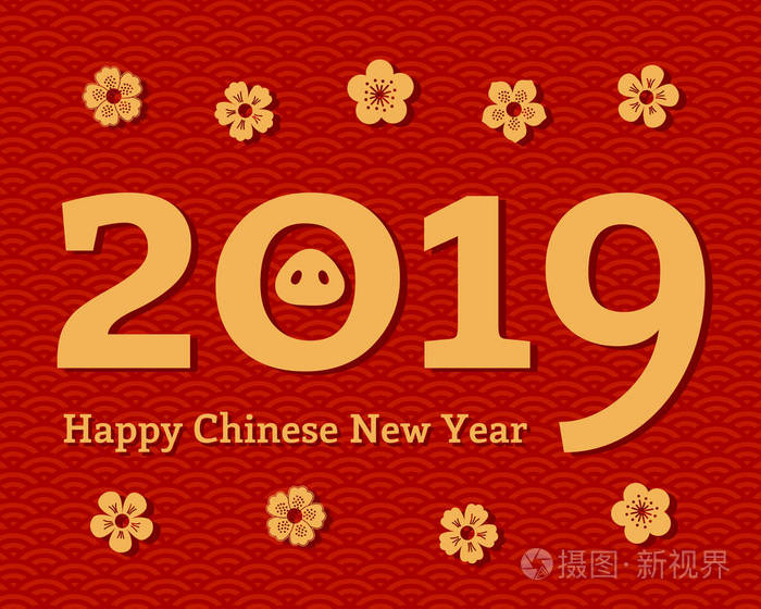2019年中国新年贺卡与数字和猪鼻子与花和文字背景与波浪图案.