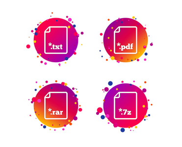 下载文档图标。 文件扩展符号。 pd fRAR7Z和txt标志。 带有图标的渐变圆按钮。 随机点设计。 向量