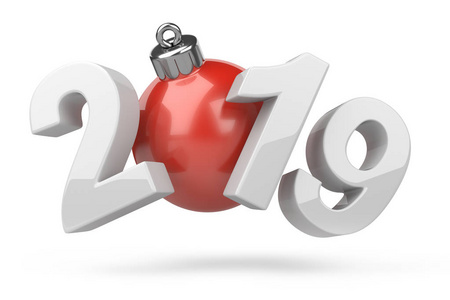 新年白色和红色符号与圣诞节树玩具。 三维插图隔离在白色背景上。