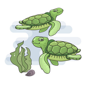 一只可爱的卡通海龟的矢量插图。 水下的绿海龟。