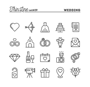 婚礼, 婚纱, 活动邀请, 庆祝聚会和更多, 细线图标设置