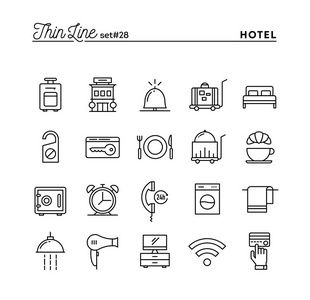 酒店, 住宿, 客房服务, 餐厅和更多, 细线图标设置