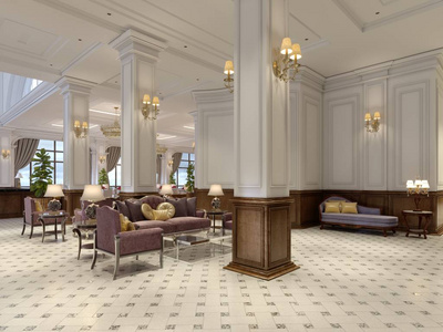 酒店大堂经典风格，豪华艺术装饰家具和马赛克瓷砖大厅。 3D渲染