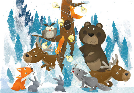 宗教冬季场景与信德狐狸猫头鹰兔子和熊在圣诞树附近，为儿童提供传统场景插图