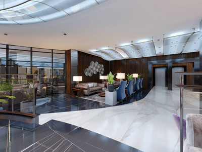 酒店设计大堂的休息区。 3D渲染
