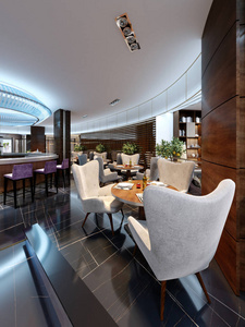 现代酒吧餐厅以豪华的现代风格，优雅的家具和照明。 3D渲染