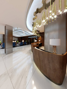 接待区在一家现代酒店与木制接待柜台和大型吊坠镀金吊灯。 3D渲染