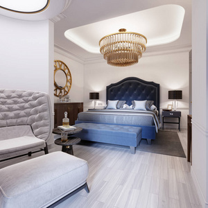 豪华卧室的设计，采用当代风格，有蓝色的床和白色的墙壁。 扶手椅，脚垫，梳妆台，镜子。 三维渲染。