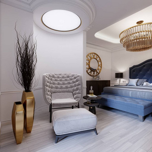 豪华的总统酒店房间，有一个卧室和一个开放的浴室区域，白色和浅色的现代风格。 三维渲染。
