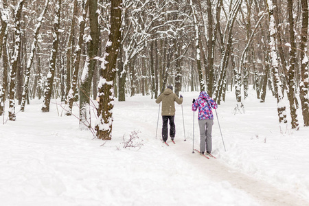 冬天，几个人在城市公园或森林里享受越野滑雪。 家庭体育户外活动在冬季季节的概念。 健康的生活方式。