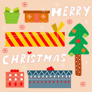 圣诞卡，礼品盒和云杉，矢量插图