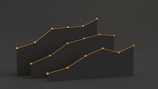 三个黑色上升的平线性图相互站在黑色背景上。信息模型。3D渲染图