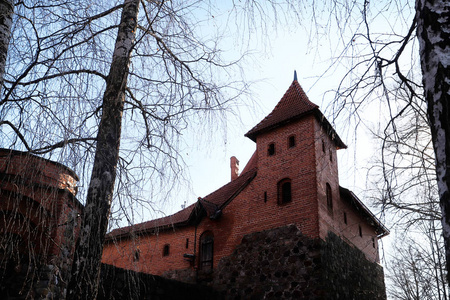 特拉凯岛城堡。早春阳光明媚的一天，立陶宛最受欢迎的旅游目的地之一