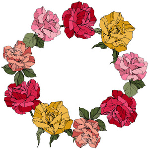 矢量玫瑰。 花卉植物花卉。 野春叶。 红色粉红色和黄色雕刻墨水艺术。 框架边装饰花环。