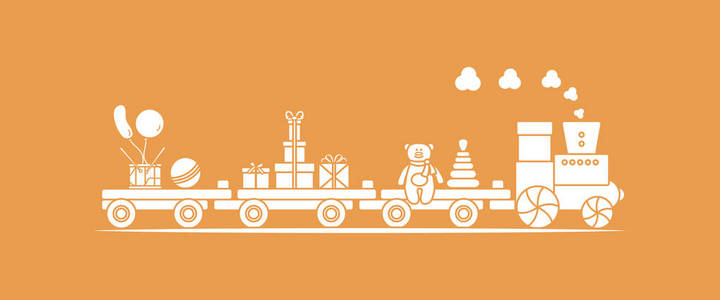 带有火车的有趣矢量插图携带玩具金字塔，熊，礼物，球，鼓，气球。新年快乐2019，圣诞节，生日。售，购物理念..