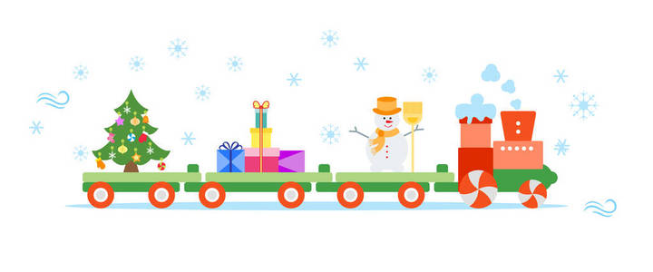 有趣的矢量插图与圣诞火车携带圣诞树，雪人与扫帚，礼物。新年快乐，圣诞贺卡。