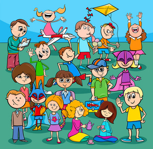 学前或小学年龄或儿童或青少年人物群体漫画插图