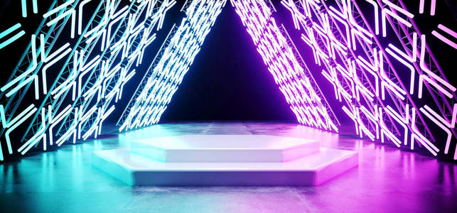 明亮的SCIFI现代未来复古三角形舞台建设与霓虹灯发光交叉形状紫色蓝色灯在混凝土反射地板与白色舞台讲台3渲染插图。