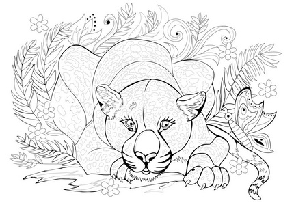 彩色书的黑白页。 丛林中美丽猎豹的幻想绘画。 印刷和刺绣的图案。 儿童和成人工作表。 矢量图像。