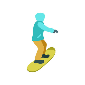 年轻人穿着时髦明亮的衣服在滑雪板上骑着滑雪板