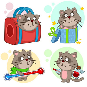 一套儿童和猫设计的卡通图标。 一只小猫拎着一个袋子，一个惊喜从一个礼品盒里出来，把一个温度计放在帽子里，围巾生病了，拿着一个药水