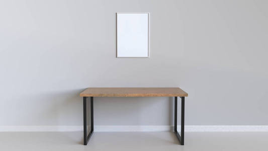 空白白色垂直海报挂在桌子上的墙上。 图片或照片模型在内部。 三维渲染图