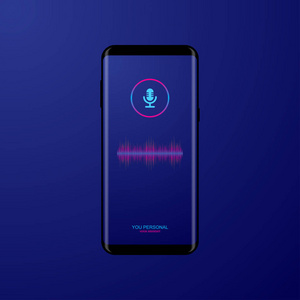 移动应用程序上的个人助理和语音识别。 声波智能技术。 智能手机屏幕上的麦克风按钮有明亮的声波。 矢量插图