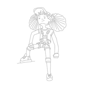 年轻女孩在棒球帽和工作服, 线向量卡通手画例证。十几岁的年轻女孩, 彭西勒绘画插图。年轻的正面反叛女孩