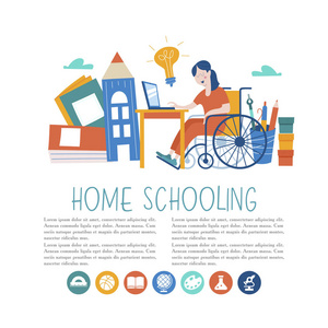 家庭教育。 这个女孩是一个坐轮椅的残疾人，在家接受教育。 在线学习。 矢量图。 家庭教育的概念