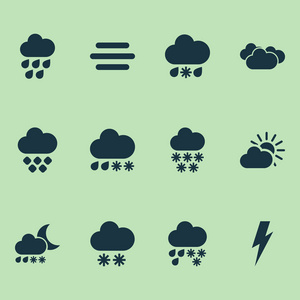 天气图标设置与冬天, 冰雹石, 雾和其他冰雹元素。隔离的矢量插图天气图标