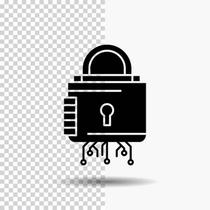 透明背景上的安全网络锁保护安全字形图标。 黑色图标
