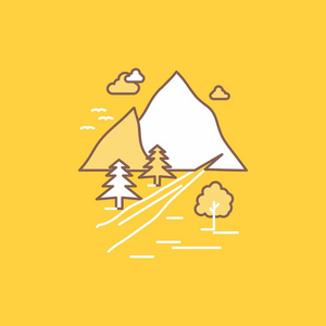 岩石树山自然平线填充图标。 在UI和UX网站或移动应用程序的黄色背景上美丽的徽标按钮。
