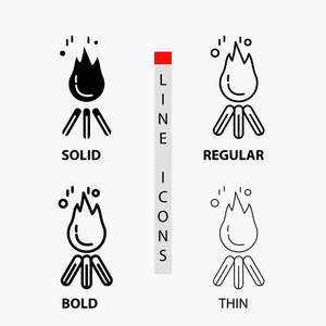 火焰篝火露营营地图标在薄的规则粗体线和字形风格。 矢量插图