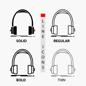 音频耳机监视器工作室图标在薄的规则粗体线和字形风格。 矢量插图