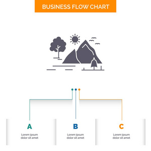 山，景观，自然，山，太阳业务流程图设计3个步骤。用于演示的雕文图标背景模板的文本位置.