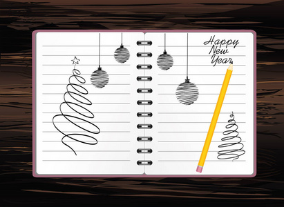 现实打开的笔记本模板与圣诞树，球和铅笔。木制背景上的矢量。商业日记。假日贺卡。一个现实的记事本。办公室文具。附注