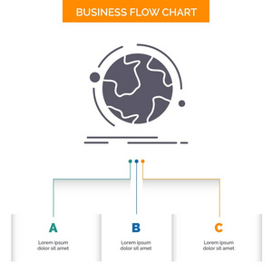 全球，世界，发现，连接，网络业务流程图设计3个步骤。用于演示的雕文图标背景模板的文本位置.