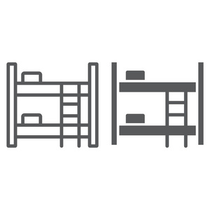 双层床线和字形图标, 家具和家庭, 床的标志, 矢量图形, 在白色背景的线性图案