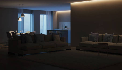 现代住宅内部。蓝色厨房。晚安。夜间照明。3D绘制。