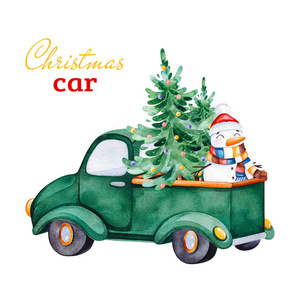 圣诞抽象复古车搭配圣诞树，雪人等装饰品..水彩假期插画..非常适合您的圣诞节和新年项目，邀请，贺卡，壁纸
