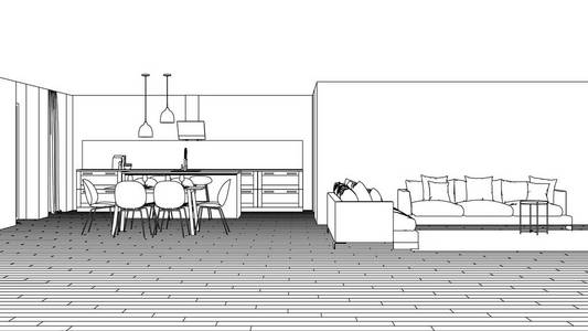 现代住宅内部。设计项目。素描。3D绘制。