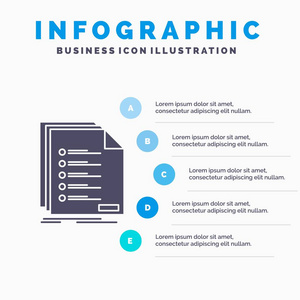 检查，归档，列表，列表，注册信息图形模板的网站和演示。带有蓝色信息样式矢量插图的GLYPH灰色图标。