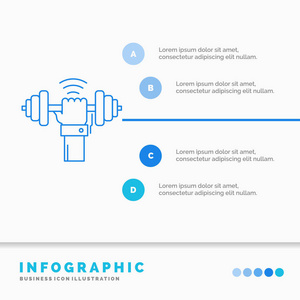 哑铃获得提升力量运动信息图形模板的网站和演示。 线蓝色图标信息样式矢量插图