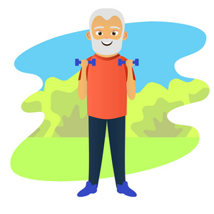 老人用哑铃做健身运动。 老年人积极的生活方式。 矢量插图