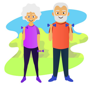 老人和女人一起用哑铃做健身运动。 老年人积极的生活方式。 矢量插图