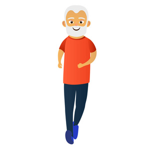 快乐的老人穿着运动服做健身跑步。 活跃的老人。 白色背景上孤立的卡通人物。 矢量插图