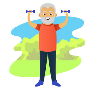 快乐的老人穿着运动服用哑铃做健身操。可爱的祖母。活跃的老人。卡通人物。矢量图示
